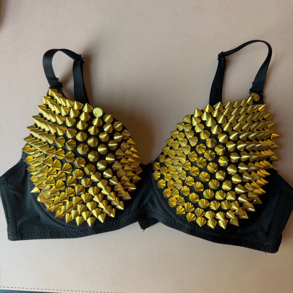 Black Studded Spike Bra 34C Gold Spikes Rave Festival Top Punk Goth Edgy Y2K